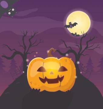 Lantern pumpkin trees bats halloween Stock Illustration