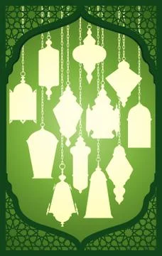 Lantern silhouette with arabic decorative frame Stock Illustration