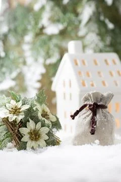 Lantern on a snowy background. Christmas decor. Christmas scene. Stock Illustration