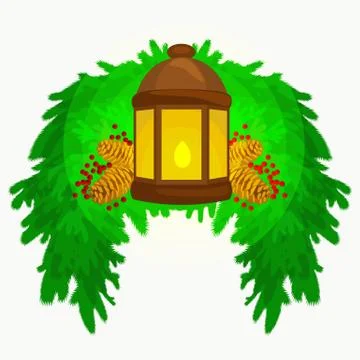Lantern stands on the spruce branches and candle light shines warm  pine co.. Illustrazione stock
