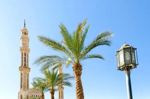 Lantern street lighting two date palms two minarets of the mosqu Foto stock
