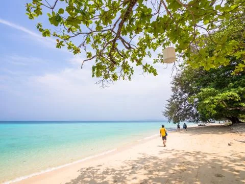 Lantern under the tree over the long beach on island in Thailand Stock Photos