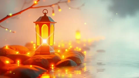 Lanterns and Rocks Reflection: A scenic landscape of orange glowing lights refl Stock Footage 317967681