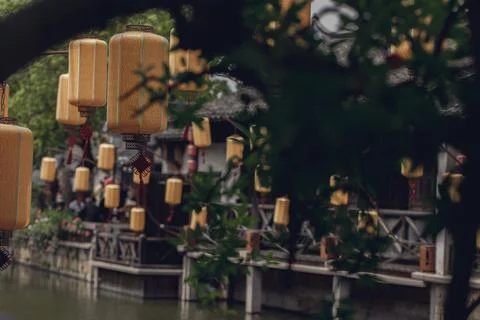 Lanterns on both sides of the river Stock Photos