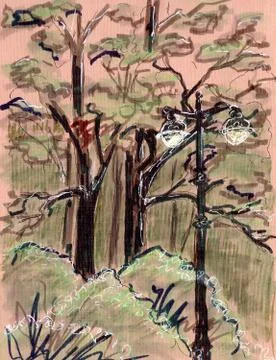 Lanterns, bushes and trees on a brown background, graphic color sketch Illustrazione stock