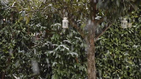 Lanterns with candle light and snowfall 03 Stock Footage 101897505