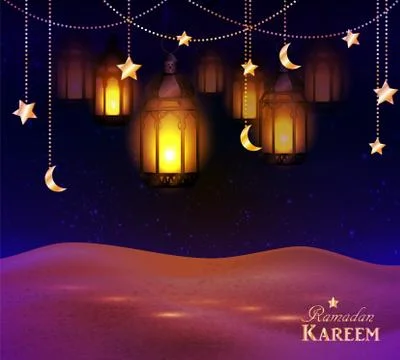 Lanterns in the desert at night sky Stock Illustration