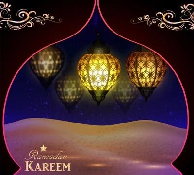 Lanterns in the desert at night sky Stock Illustration