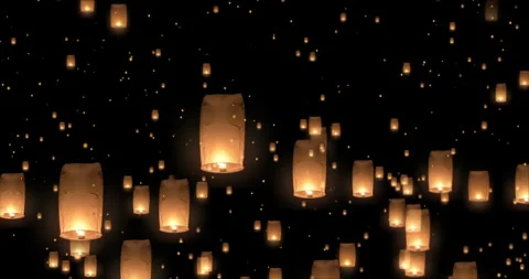 Lanterns Floating in the Night Sky – Love &amp; Wedding Concept Stock Footage 328579963