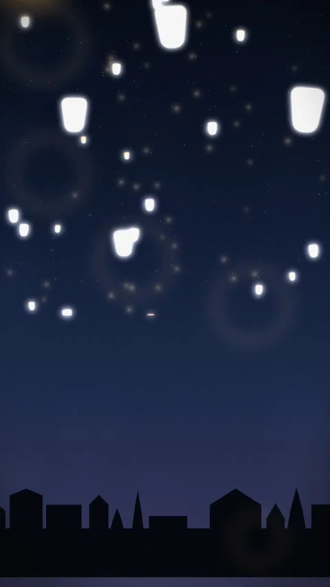 Lanterns floating in the night sky over a silhouetted cityscape. 2d animation Vídeo Stock 342579302