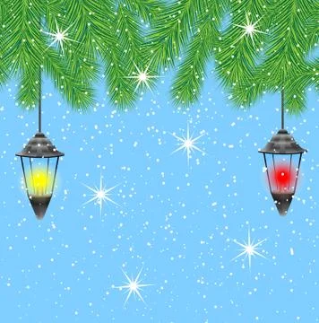 Lanterns hang on the branches of tree Stock Illustration