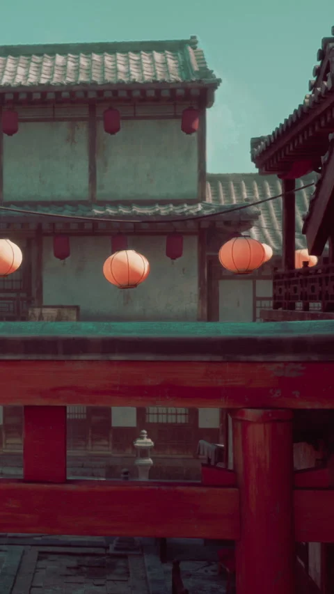 Lanterns hang in a traditional setting with historical architecture and scenery 스톡 동영상 341985880