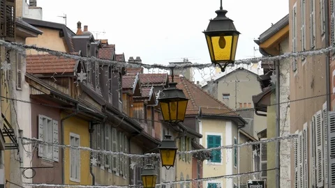 Lanterns hanging in between of nice buildings in Annecy, France Stock Footage 99185638