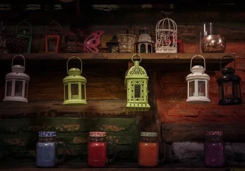 Lanterns hanging on the shelf Stock Photos