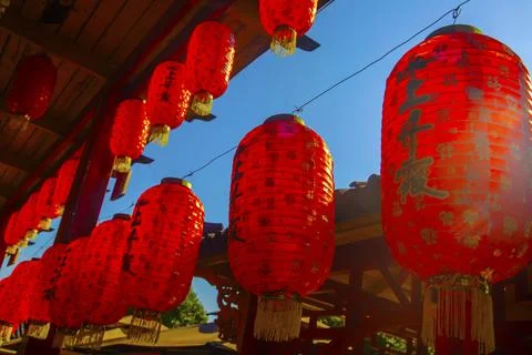 Lanterns hanging under an eave Stock Photos
