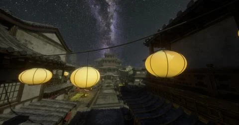 Lanterns illuminate ancient streets under a starry sky at night Stock Illustration