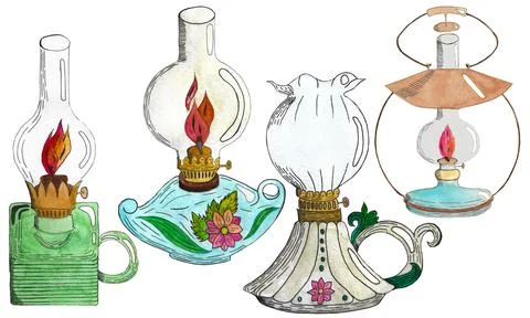 Lanterns, isolated on white. Drawn by hand with watercolors in a fabulous des Stock Illustration
