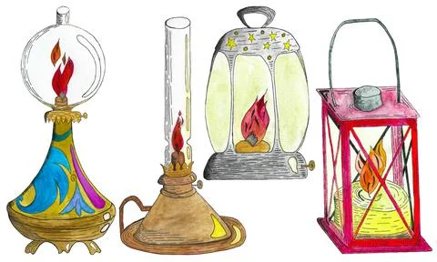 Lanterns, isolated on white. Drawn by hand with watercolors in a fabulous des Stock Illustration