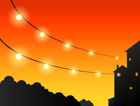 Lanterns light bulbs on wires on the background of sunset Stock Illustration
