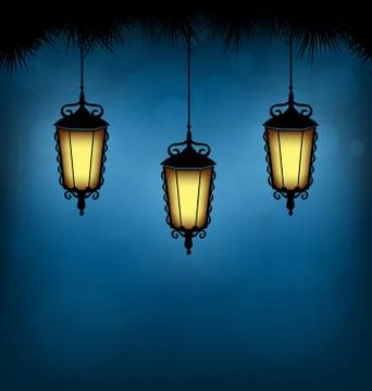 Lanterns with pine on blue Stock Illustration