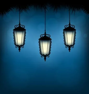 Lanterns with pine on blue Stock Illustration