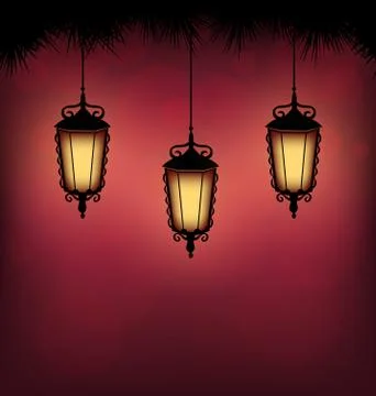 Lanterns with pine on red Illustrazione stock