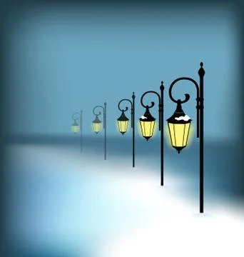 Lanterns stand in snow on blue Stock Illustration