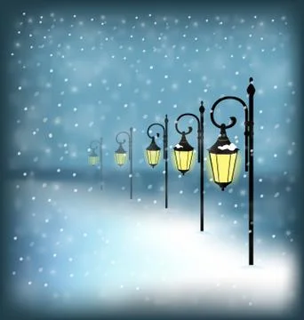 Lanterns stand in snowfall on blue Stock Illustration