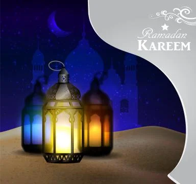 Lanterns stands in the desert at night sky Stock Illustration