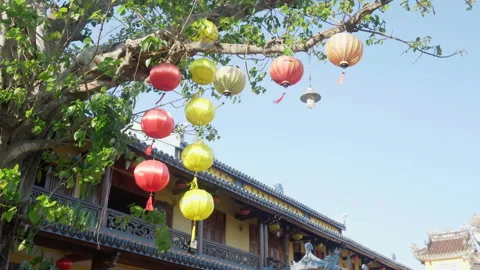 Lanterns swaying in wind at Hoi An Ancient Town, Vietnam Stock Footage 88723218