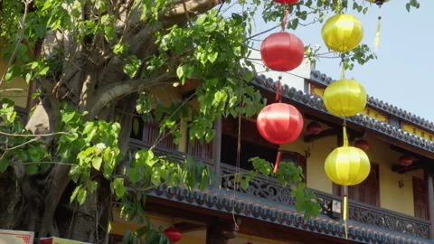 Lanterns swaying in wind at Hoi An Ancient Town, Vietnam Stock Footage 88723269