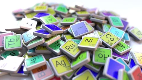 Lanthanum La block on the pile of periodic table of the chemical elements blocks Stock Footage