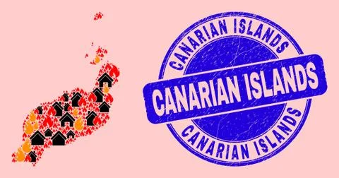 Lanzarote Islands Map Composition of Flame and Buildings and Distress Canarian Ilustración de archivo