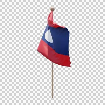 Laos 3d illustration flag on pole. Wood flagpole Stock Illustration