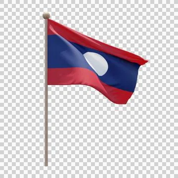 Laos 3d illustration flag on pole. Wood flagpole Illustrazione stock