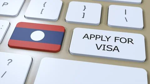 Laos, Apply for Visa Concept. Button Push 3D Illustration. Visa Apply for Illustrazione stock