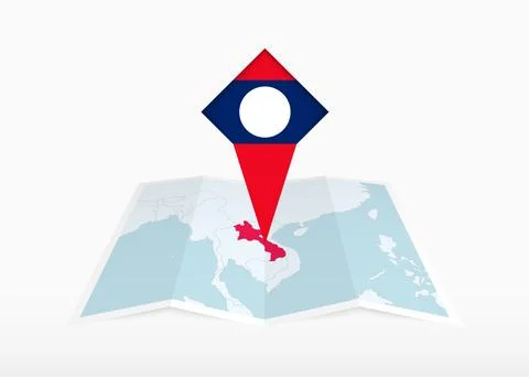 Laos is depicted on a folded paper map and pinned location marker with flag.. Stock Illustration