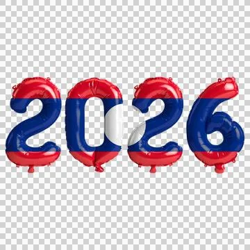 Laos flag colors 2026 3d illustration, balloon numbers 3d rendering on tran.. Stock Illustration
