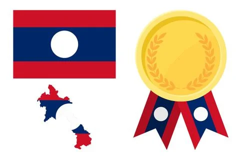 Laos flag with map and gold medal in set for web and banners or app and games Stock Illustration