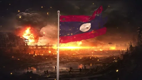 Laos flag waving in war is torn Stock Footage 346009051
