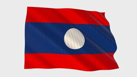 Laos flag waving in the wind on a grey background Stockbeeldmateriaal 343218200