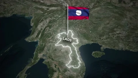 Laos Glowing Border Map Animation with 3D Waving of Laos National Flag Anim.. Видео 330298611