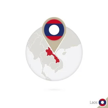Laos map and flag in circle. Map of Laos, Laos flag pin. Map of Laos in the.. イラスト素材