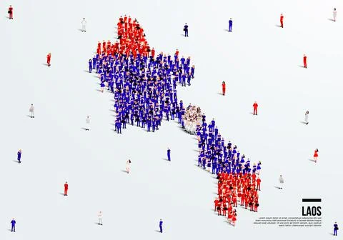 Laos Map and Flag. A large group of people in the Laos flag color. Stock Illustration