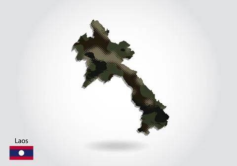 Laos map with camouflage pattern, Forest - green texture in map. Military con Stock Illustration