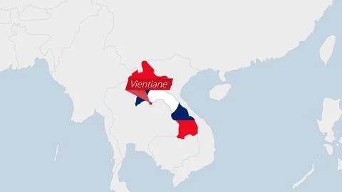 Laos map highlighted in Laos flag colors and pin of country capital Vientiane Иллюстрация