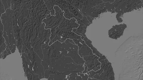 Laos outlined on a Bilevel elevation map with lakes and rivers Illustrazione stock
