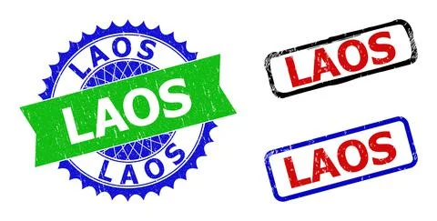 LAOS Rosette and Rectangle Bicolor Badges with Grunged Surfaces Stock Illustration