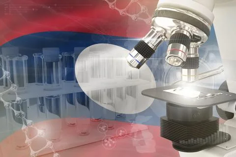 Laos science background - microscope on flag 스톡 일러스트