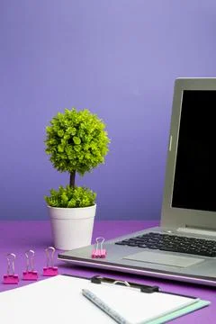 Lap Top With Important Informations On Table With Plant And Cup Of Coffee Foto stock